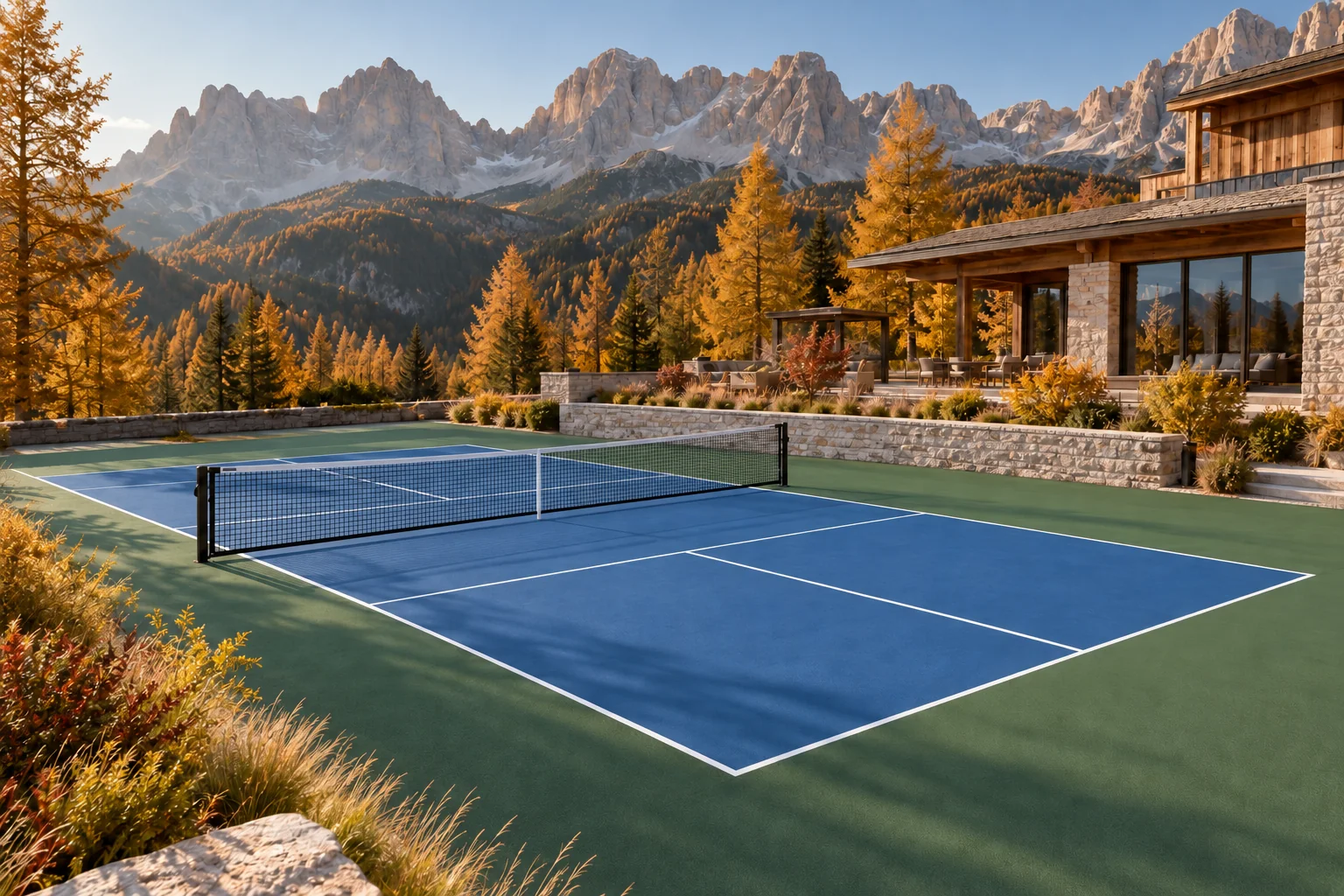 Blue and green pickleball court at a mountain resort in autumn