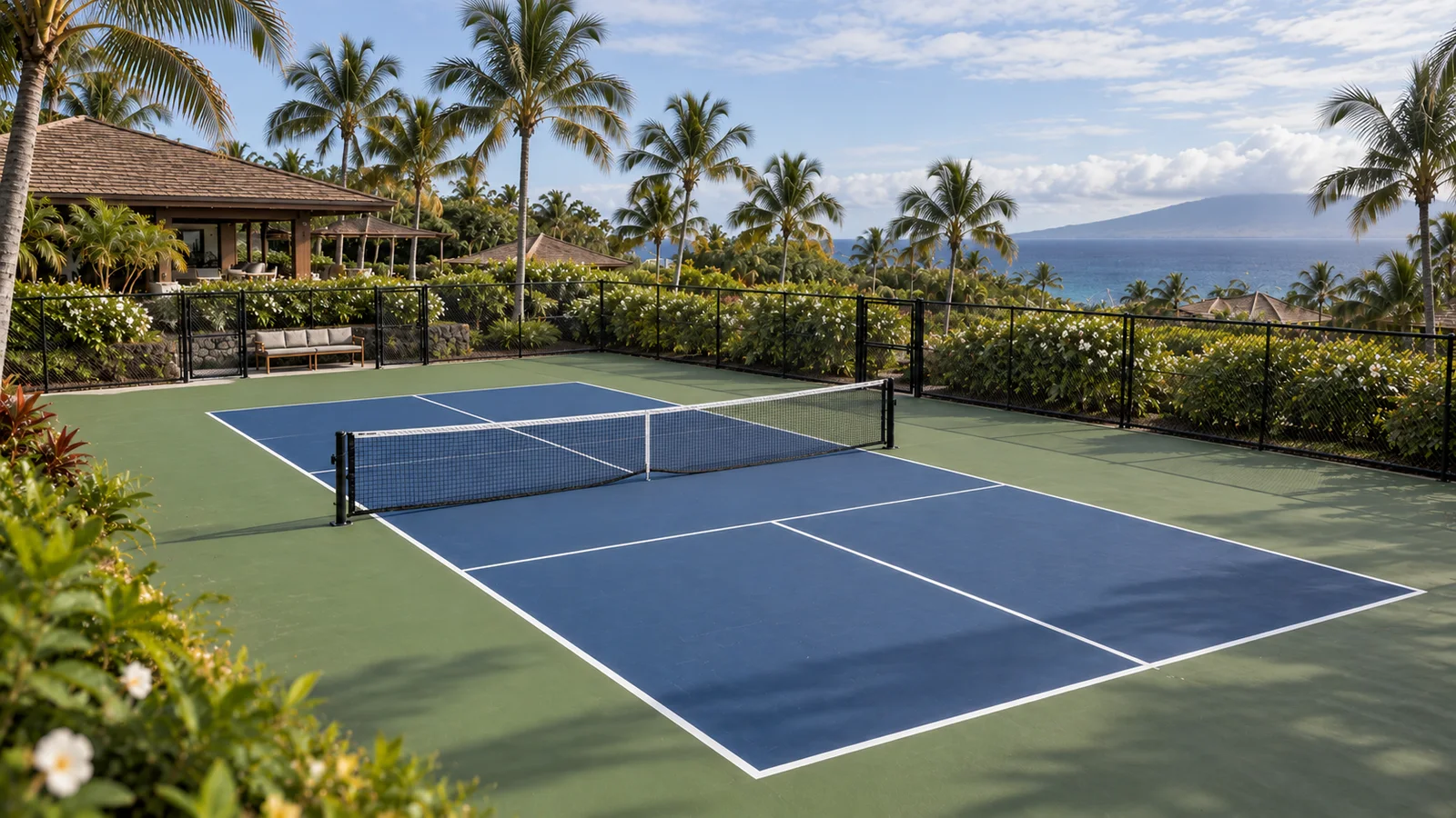Tropical resort pickleball court beside the ocean